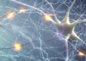 3D illustration of Interconnected neurons with electrical pulses.